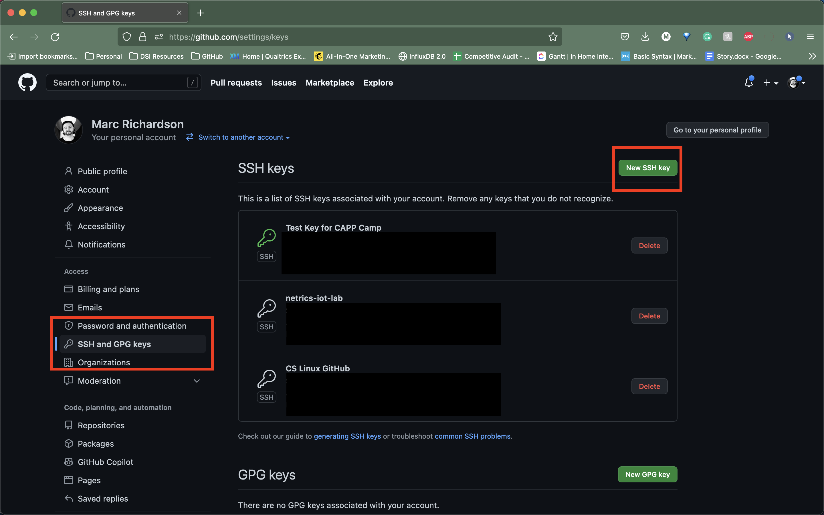 SSH Key Settings Page on GitHub