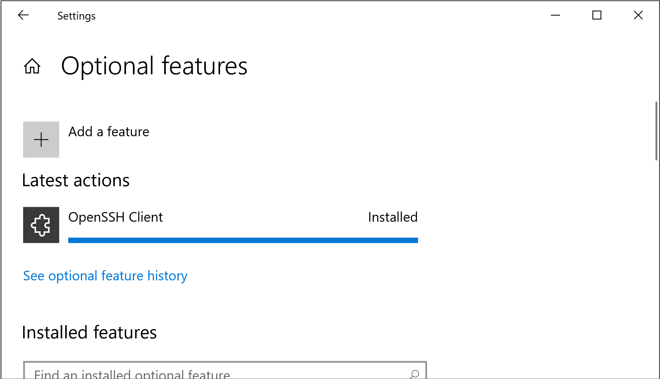 OpenSSH installation progress screenshot - Windows