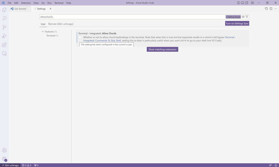 VS Code allowChords option screenshot