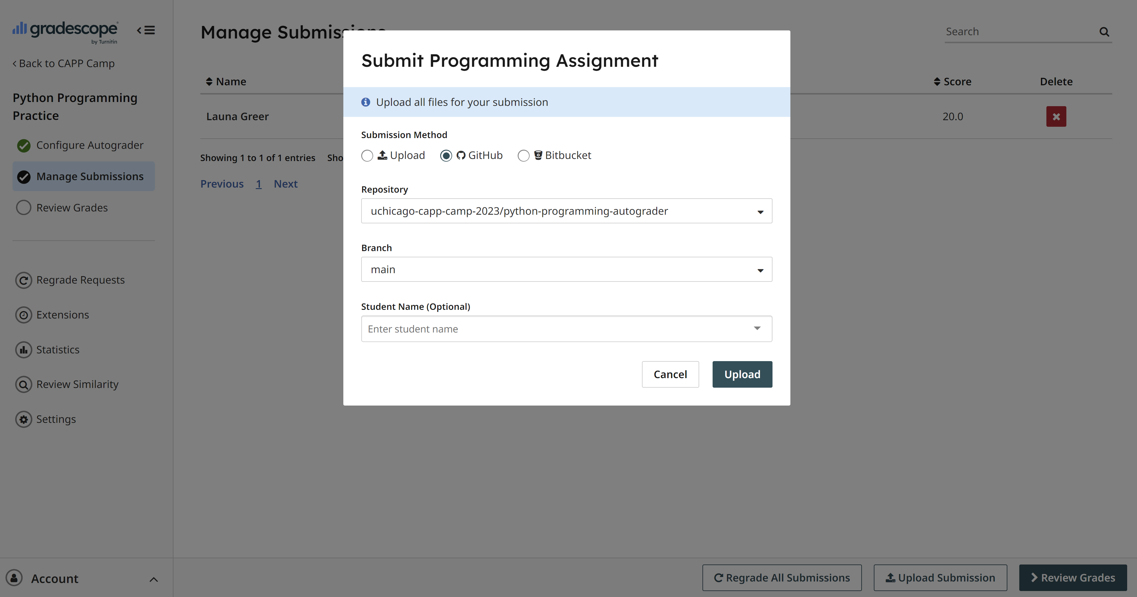 Submit Python programming assignment on Gradescope